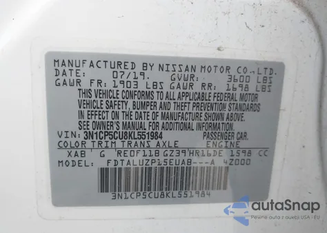 2019 Nissan Kicks Sr z USA, uszkodzony, nr VIN 3N1CP5CU8KL551984